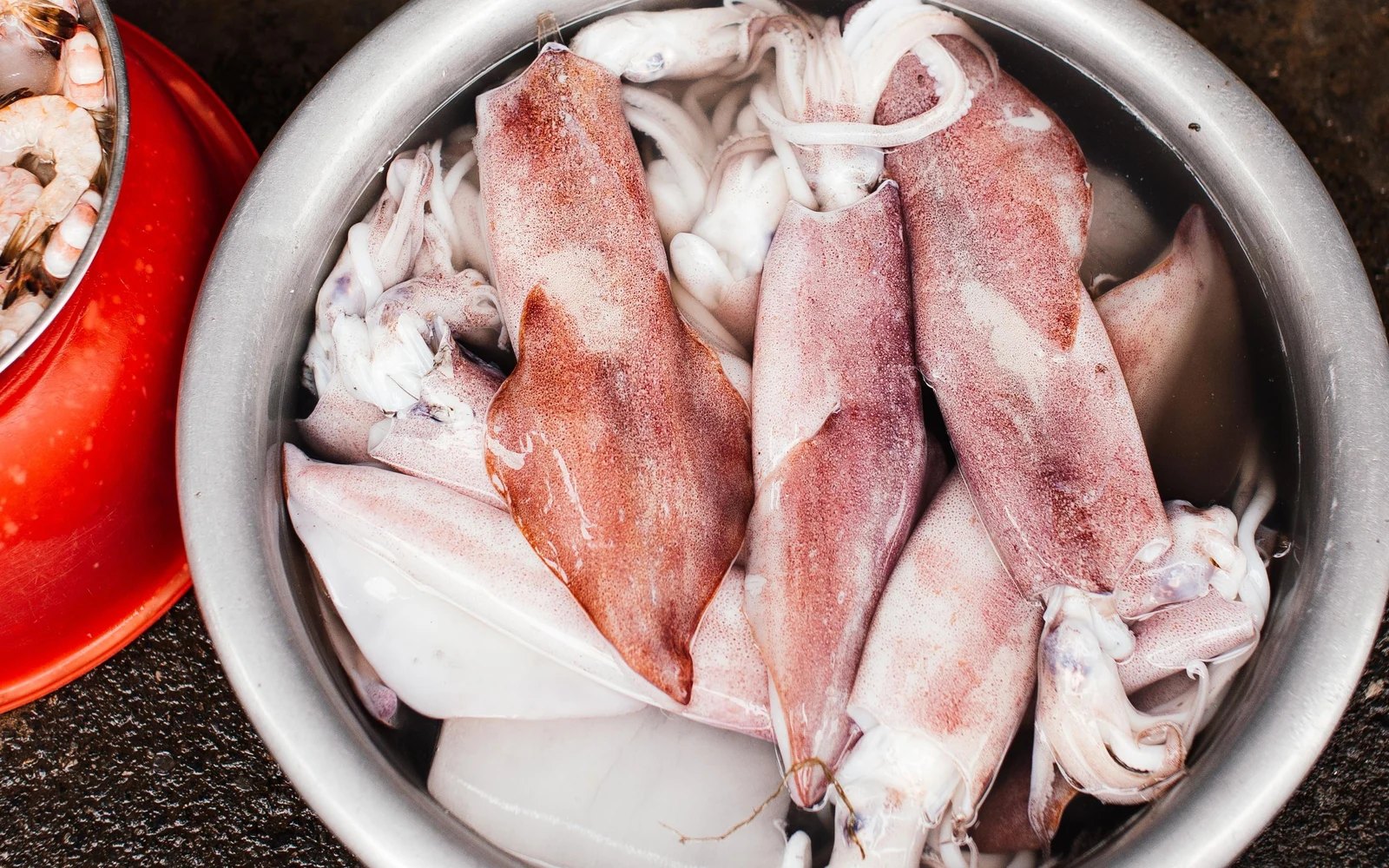 Whole raw squid in a steel bowl on wet stone at a market